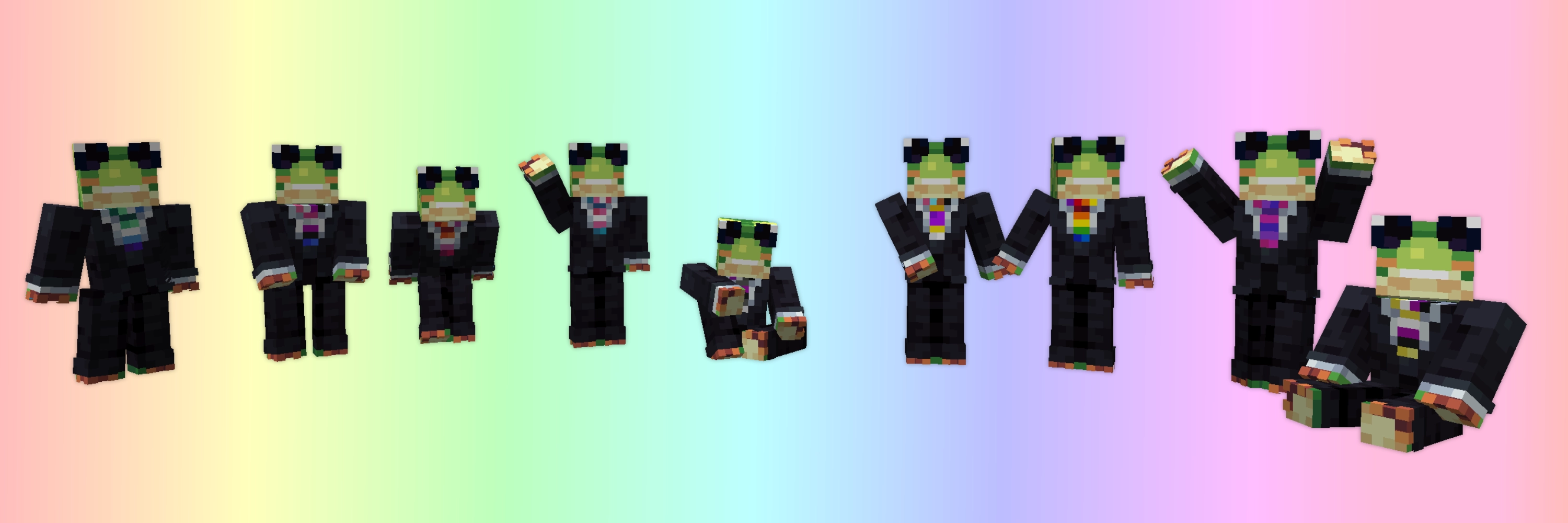 All of Mr. Packโs variants (MLM, Genderfluid, Lesbian, Transgender, Asexual, Intersex, Pride, Bisexual, and Nonbinary) posed and lined up in a row.